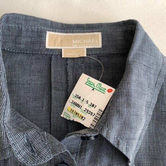 Michael Kors Button Roll Tab Sleeve Shirtdress Blue Size 12 Linen Blend NWT - Picture 11 of 14